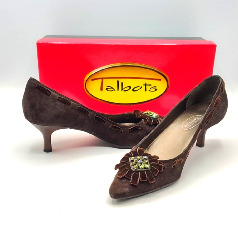 Talbots Vintage Brown Suede Leather Velvet & Jeweled Brooch Bow Kitten Heel 7.5M